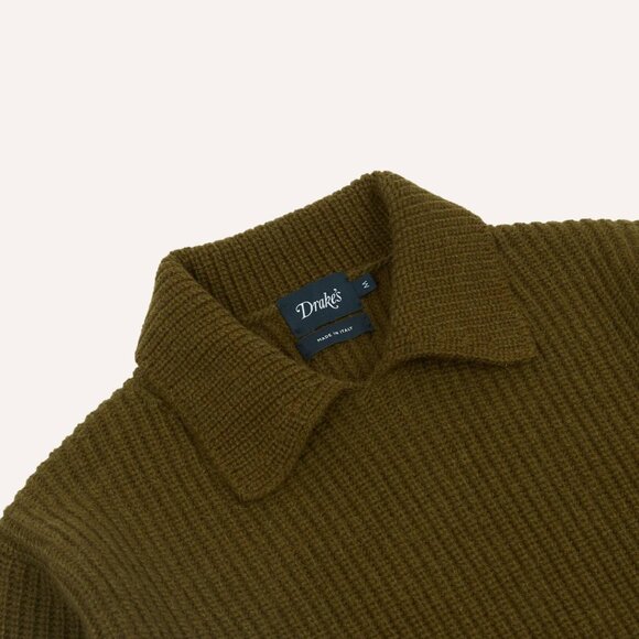 Drake's Olive Alpaca Lambswool Ribbed Integral Collar Jumper/Sweater, Size Small - Picture 3 of 6